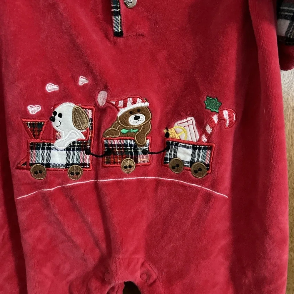 Vintage Baby‎ Christmas One Piece Romper Velour Size 3 To 6 Month Bear Train Red